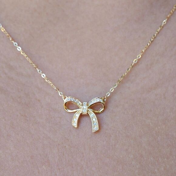 Cute bow 14k real solid gold Necklace perfect gift for anyone and any occasion - Picture 2 of 3